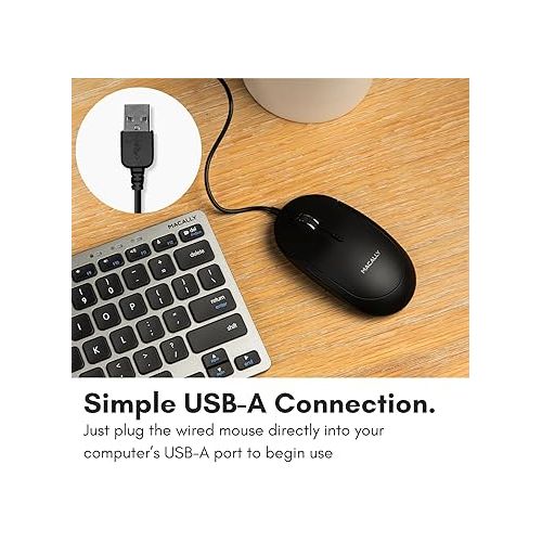  Computer Mouse Wired, Macally Silent USB Mouse - Slim & Compact USB Mouse for Apple Mac or Windows PC Laptop/Desktop - Designed with Optical Sensor & DPI Switch - Simple - Black