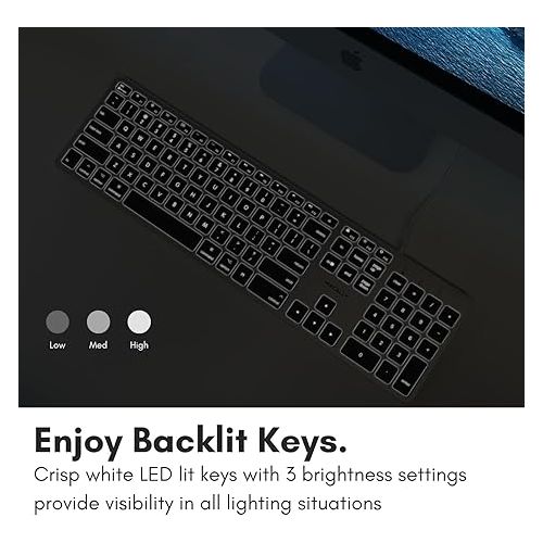  Macally Backlit Mac Keyboard Wired - Quiet, Sleek, and Functional - 3 Brightness Levels, 107 Keys - 5ft USB Wired Apple Keyboard - Backlit Wired Keyboard for Mac, iMac, MacBook Pro/Air - Space Gray