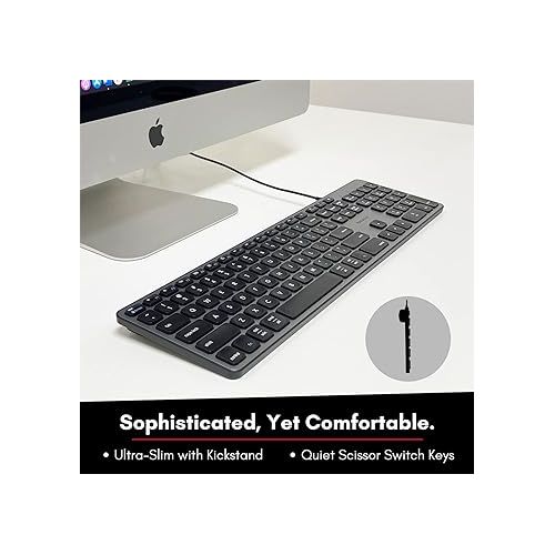  Macally Wired USB-C Keyboard, Space Gray, Full Size, Scissor Switches, 107 Keys, 3 USB Ports, Plug and Play, Quiet, Low Profile, Integrated Typing Angle, Mac/PC/Chrome Compatible