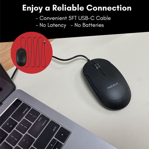  Macally USB Type-C Wired Optical Mouse with Quiet Click for Mac and Windows (Black)