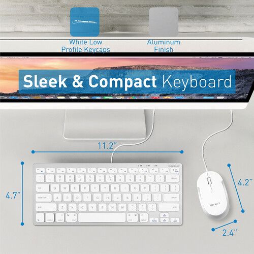  Macally Compact Aluminum USB Keyboard and Quiet Click Mouse Combo Set (White)