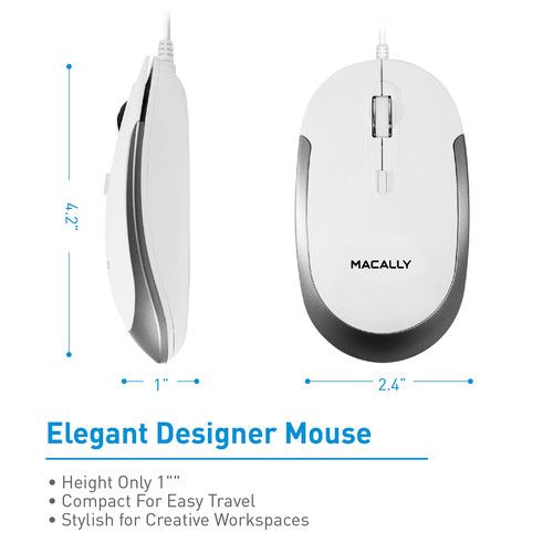  Macally USB Optical Silent Click Mouse (White/Gray)