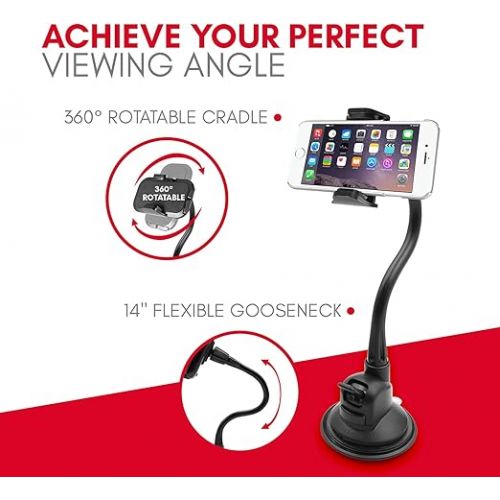  Macally Windshield Phone Mount for Car, Super Strong Suction Cup Phone Holder for Truck - Universal Gooseneck Window Phone Mount for Car, Compatible with iPhone, Samsung, Cell Phone, Android, Mobile