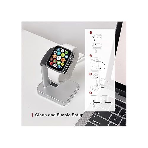  Macally Apple Watch Stand for Series Ultra, 9, 8, 7, 6, 5, 4, 3, 2, 1, SE (44mm, 42mm, 40mm, 38mm) - Sleek Nightstand for Apple Watch Charger Stand Dock Holder - Sleek iWatch Charging Station - Silver