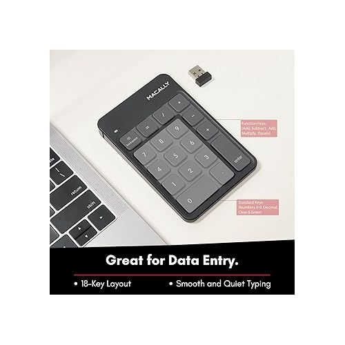  Macally Wireless Number Pad | Numeric Keypad | Wireless 10 Key for Laptop PC Computer Notebook Surface Chrome (2.4G USB) Perfect for Data Entry Numpad Number Keyboard