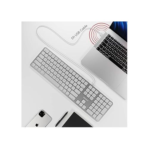  Macally Premium Wired Mac Keyboard with Number Keypad and 2 Port Hub - Compatible Apple Keyboard Wired - Extended USB Keyboard for Mac Mini/Pro, iMac, MacBook Pro / Air (Silver Aluminum)