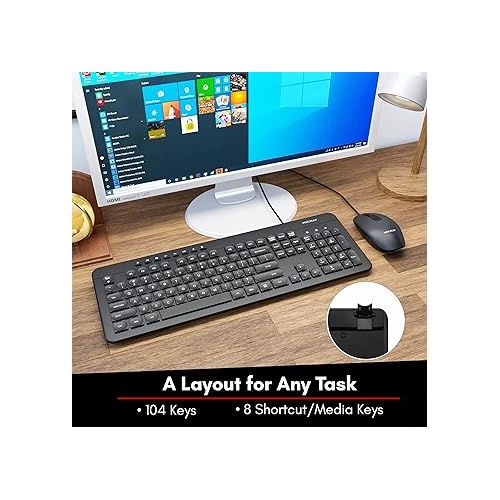  Wired Keyboard and Mouse Combo, Macally Slim Full Sized Ergonomic USB Keyboard and Mouse Wired - Quiet Wired Keyboard and Mouse - Wire Corded Keyboard for Laptop and Desktop PC Computer
