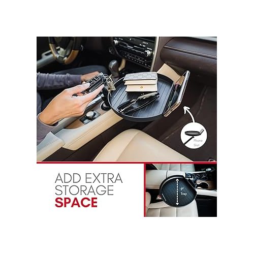  Macally Cup Holder Tray- Perfect Adjustable Car Food Tray for Eating with Phone Slot and Swivel Arm -Organizer - Road Trip Essential Car Travel Accessories Gadgets