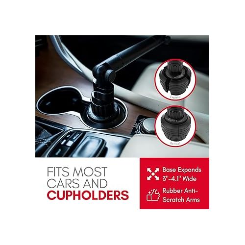 Macally Cup Holder Tray- Perfect Adjustable Car Food Tray for Eating with Phone Slot and Swivel Arm -Organizer - Road Trip Essential Car Travel Accessories Gadgets