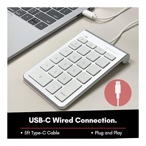  Macally Wired USB C Number Pad Keyboard - Type C Numeric Keypad for Laptop, Apple Mac iMac MacBook Pro/Air, iPad, Windows PC, or Desktop Computer - 10 Key USB Keypad Numpad with 5 Foot Cable