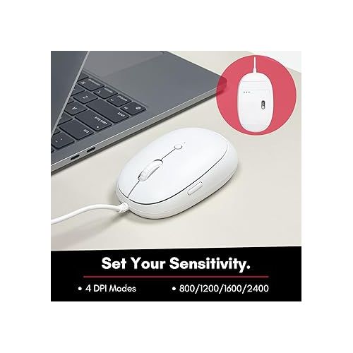  Macally USB C Mouse for Mac with Back Button - Clean and Simple - Wired Mouse for Mac and PC - Plug and Play Type C Mouse for MacBook Pro/Air with 4 DPI Modes - White Apple Mouse