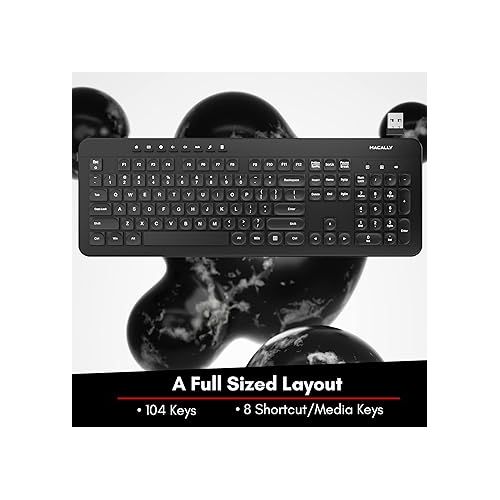  Macally Wireless Keyboard - 2.4G Ergonomic Full Size Keyboard Wireless - Wireless USB Keyboard for Laptop Windows PC Windows Desktop Computer - Black