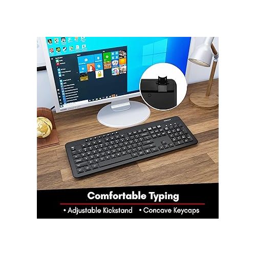  Macally Wireless Keyboard - 2.4G Ergonomic Full Size Keyboard Wireless - Wireless USB Keyboard for Laptop Windows PC Windows Desktop Computer - Black