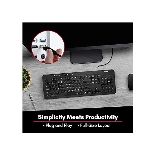  Macally Wired Keyboard | Full Size Computer Keyboard | Quiet Keyboard (Corded Plug and Play) Comfortable for All Day Typing USB Keyboard for PC Desktop and Laptop