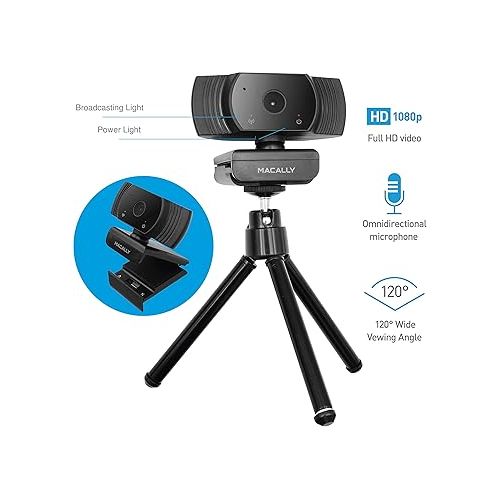  Macally 1080P Webcam with Microphone - Stay Connected Virtually - 120° Wide Angle HD 30FPS USB Computer Camera for Desktop - Web Cam for Streaming, Meetings, Skype, Zoom, PC, Laptop, Mac, Face Time