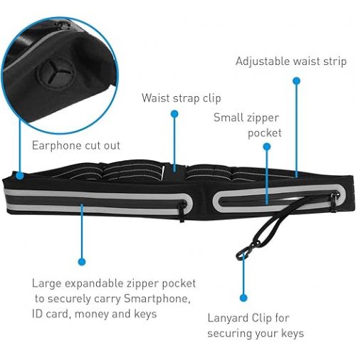  Macally Running Belt Waist Pack with Slim Low profile-Compact Design - Perfect No Bounce Fanny Pack for Phone - Reflective Fitness Gear for Men & Women for Jogging, Hiking, Cycling, Night Run (Black), Model: RUNBELTSTRIP