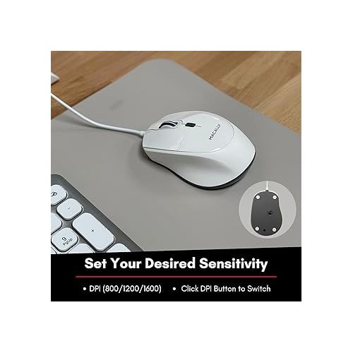  Macally Computer Mouse | Wired Mouse | Mac Mouse White (Smooth and Quiet) Comfortable USB Corded Mouse for Laptop, Chromebook, PC, Desktop, Notebook, Apple Mac, iMac, MacBook