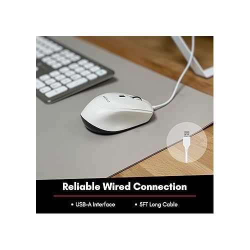  Macally Computer Mouse | Wired Mouse | Mac Mouse White (Smooth and Quiet) Comfortable USB Corded Mouse for Laptop, Chromebook, PC, Desktop, Notebook, Apple Mac, iMac, MacBook