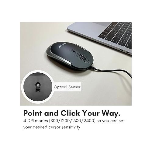  Macally Silent Wired Mouse - Slim & Compact USB Mouse for Apple Mac or Windows PC Laptop/Desktop - Designed with Optical Sensor & DPI Switch - Simple & Comfortable Wired Computer Mouse (Space Gray)