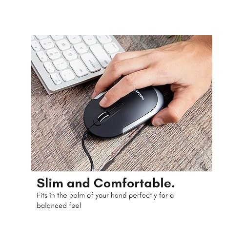  Macally Silent Wired Mouse - Slim & Compact USB Mouse for Apple Mac or Windows PC Laptop/Desktop - Designed with Optical Sensor & DPI Switch - Simple & Comfortable Wired Computer Mouse (Space Gray)