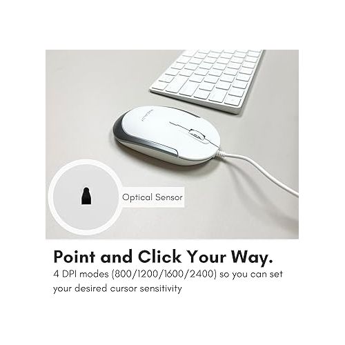  Macally Silent Wired Mouse - Slim & Compact USB Mouse for Apple Mac or Windows PC Laptop/Desktop - Designed with Optical Sensor & DPI Switch - Simple & Comfortable Wired Computer Mouse (White)