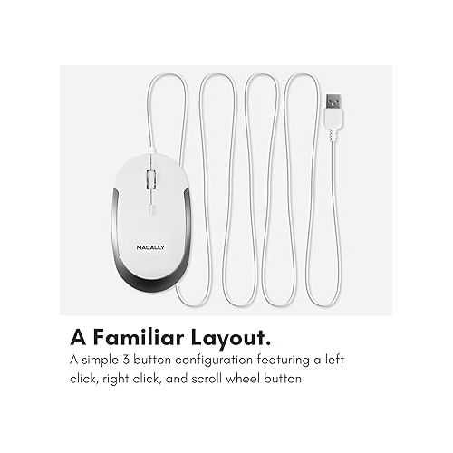 Macally Silent Wired Mouse - Slim & Compact USB Mouse for Apple Mac or Windows PC Laptop/Desktop - Designed with Optical Sensor & DPI Switch - Simple & Comfortable Wired Computer Mouse (White)