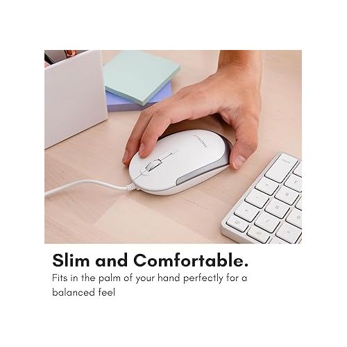  Macally Silent Wired Mouse - Slim & Compact USB Mouse for Apple Mac or Windows PC Laptop/Desktop - Designed with Optical Sensor & DPI Switch - Simple & Comfortable Wired Computer Mouse (White)