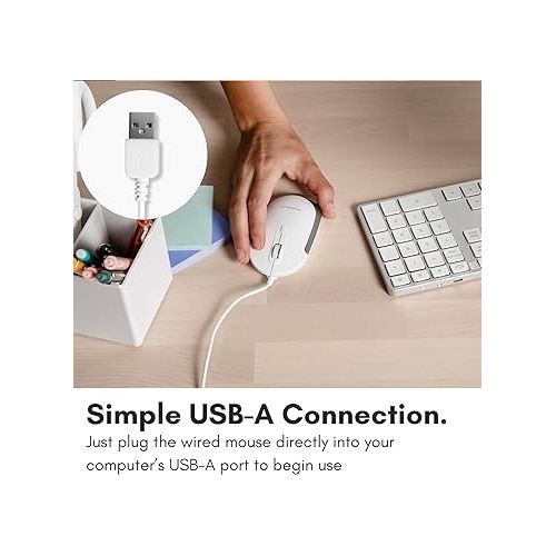  Macally Silent Wired Mouse - Slim & Compact USB Mouse for Apple Mac or Windows PC Laptop/Desktop - Designed with Optical Sensor & DPI Switch - Simple & Comfortable Wired Computer Mouse (White)