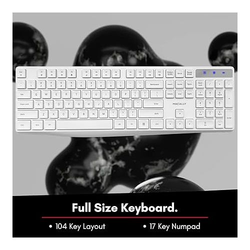  Macally Wireless Keyboard, 2.4G Wireless White Keyboard - Ergonomic Full Size Computer Keyboard with Numeric Keypad for Laptop, Desktop, Surface, Chromebook, Notebook