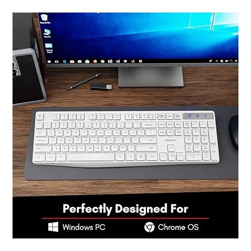  Macally Wireless Keyboard, 2.4G Wireless White Keyboard - Ergonomic Full Size Computer Keyboard with Numeric Keypad for Laptop, Desktop, Surface, Chromebook, Notebook