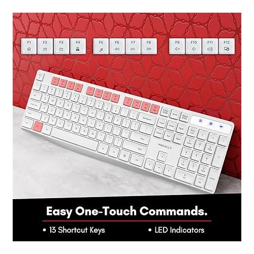  Macally Wireless Keyboard, 2.4G Wireless White Keyboard - Ergonomic Full Size Computer Keyboard with Numeric Keypad for Laptop, Desktop, Surface, Chromebook, Notebook