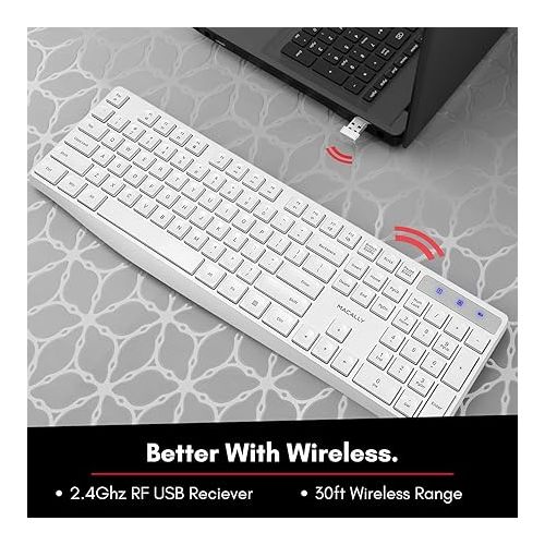  Macally Wireless Keyboard, 2.4G Wireless White Keyboard - Ergonomic Full Size Computer Keyboard with Numeric Keypad for Laptop, Desktop, Surface, Chromebook, Notebook