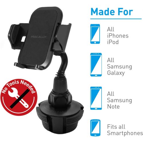  [아마존베스트]Macally Adjustable Automobile Cup Holder Phone Mount for iPhone Xs XS Max XR X 8 8+ 7 7 Plus 6s Plus 6s SE Samsung Galaxy S10 S10E S9 S9+ S8 S7 Edge S6 Note 5, Xperia, iPod, Smartp