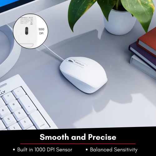  Macally USB Computer Mouse Wired - 3 Button Configuration with Scroll Wheel & 5FT USB Cord - Plug and Play Corded Mouse for Mac & Windows - Sleek Ergonomic USB Mouse (1000 DPI) - W