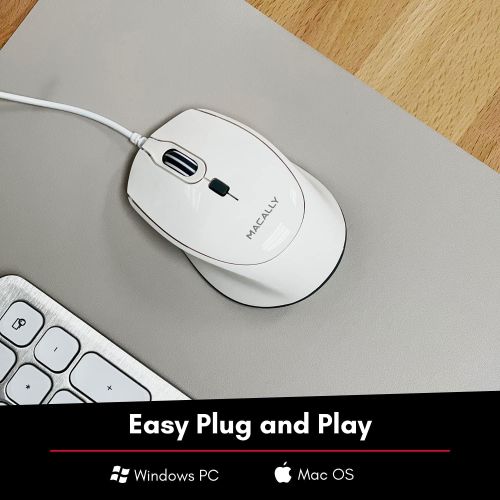  Macally USB Wired Mouse for Mac or PC - Comfortable, Smooth, and Quiet - White USB Mouse Wired with 5ft Cable and 4 DPI - Plug and Play Corded Computer Mouse for Laptop or Office D