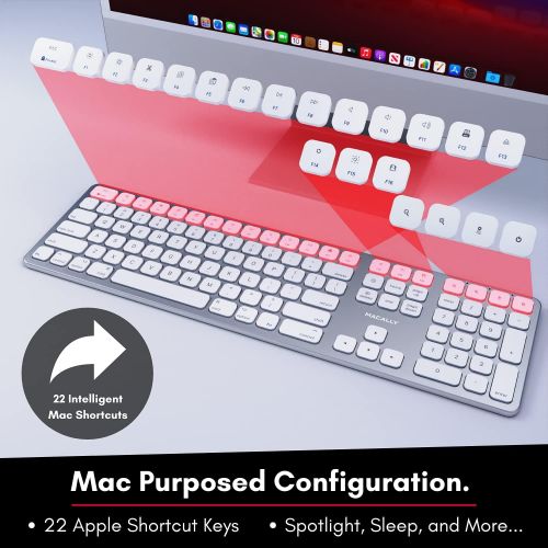  Macally Bluetooth Wireless Keyboard for Mac - Compatible Apple Keyboard Wireless for iMac Mini/Pro, MacBook Pro/Air, iPad, iPhone - Slim Full Size Metal Frame Bluetooth Keyboard fo