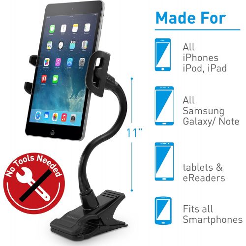  Macally Adjustable Gooseneck Tablet Holder & Phone Clip - Works with Phones & Tablets up to 8” - Flexible Phone Holder & Tablet Mount with Clip On Clamp for Desks up to 1.75” Thick