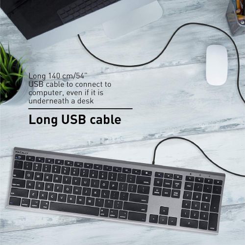  Macally Ultra-Slim USB Wired Computer Keyboard for Apple MacBook ProAir, iMac, Mac Mini, Mac Pro, Windows PC LaptopsDesktops and Notebooks | Plug and Play - No Drivers | Silver F