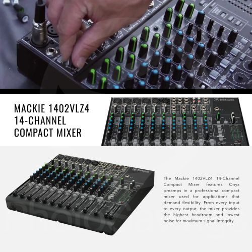  Photo Savings Mackie 1402VLZ4 - 14-Channel Compact Mixer with Onyx Preamps and Basic Bundle w Closed-Back Headphones + 4x Cables + Fibertique Cloth