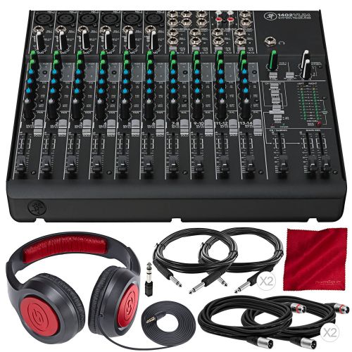  Photo Savings Mackie 1402VLZ4 - 14-Channel Compact Mixer with Onyx Preamps and Basic Bundle w Closed-Back Headphones + 4x Cables + Fibertique Cloth
