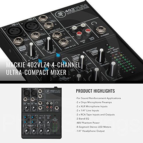  Photo Savings Mackie 402VLZ4 - 4-channel Ultra Compact Mixer with Preamps and Platinum Bundle w Professional Microphone + Headphones + 8x Cables + More
