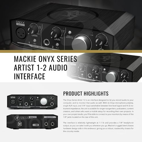  Mackie Onyx Series Artist 1-2 Audio Interface Bundled with Tascam TH-MX2 Headphones, Dynamic Microphone, Flexible Mic Stand, Mic Filter, Cables, and Microfiber Cloth