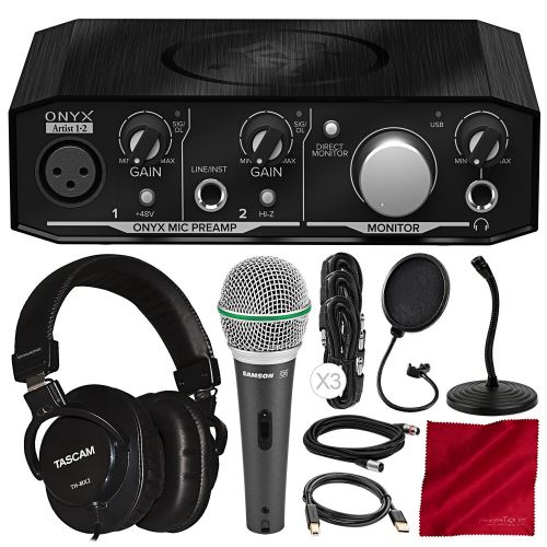  Mackie Onyx Series Artist 1-2 Audio Interface Bundled with Tascam TH-MX2 Headphones, Dynamic Microphone, Flexible Mic Stand, Mic Filter, Cables, and Microfiber Cloth