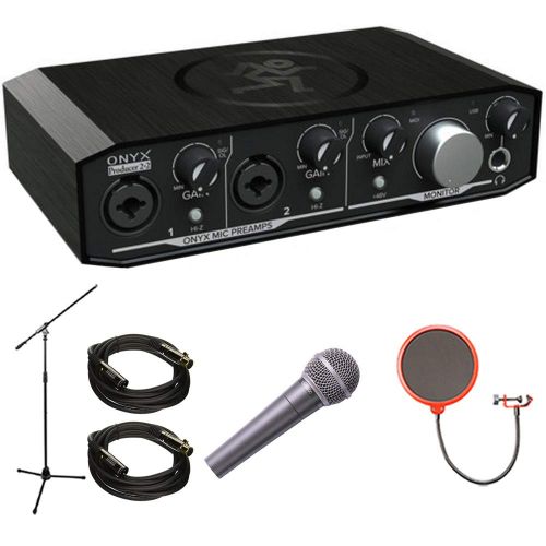  Mackie Onyx Producer 2-2 2x2 USB Audio Interface with MIDI (ONYX PRODUCER2-2) + 2x Monoprice 4752 XLR Male to Female Cable + Mic Stand + Universal Pop Filter + Behringer Dynamic Mi