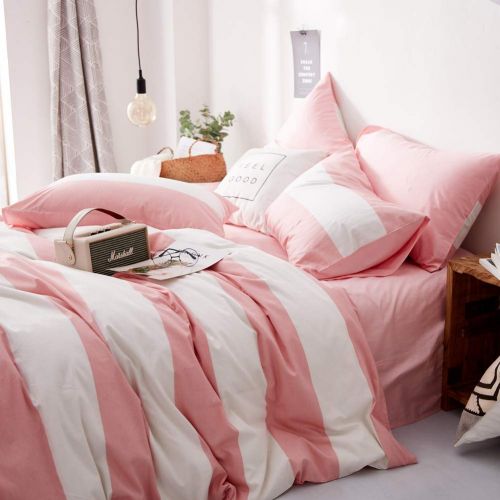  Macohome Women Pink Duvet Cover Set Queen Stripes Cotton Bedding Set Girls Comforter Cover with 2 Envelope Pillowcases(Pink Stripes, Queen)