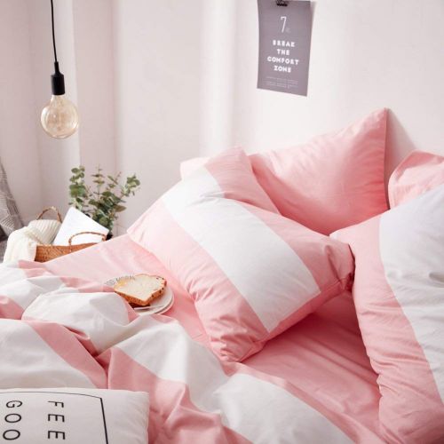  Macohome Women Pink Duvet Cover Set Queen Stripes Cotton Bedding Set Girls Comforter Cover with 2 Envelope Pillowcases(Pink Stripes, Queen)