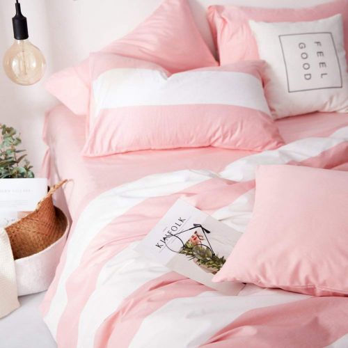  Macohome Women Pink Duvet Cover Set Queen Stripes Cotton Bedding Set Girls Comforter Cover with 2 Envelope Pillowcases(Pink Stripes, Queen)