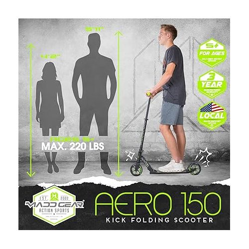 Madd Gear Aero 150 Kick Scooter - Suits Boys & Girls Ages 5+ - Max Rider Weight 220lbs - Large 6