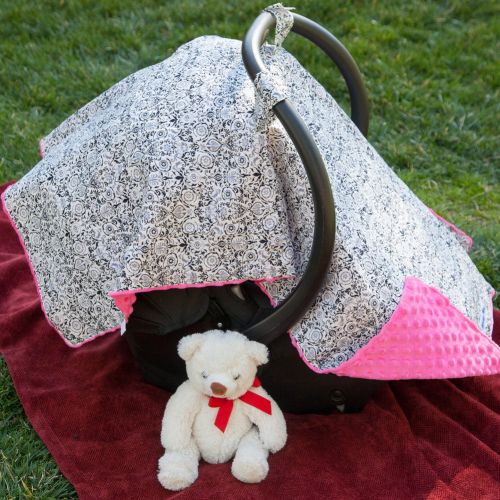  Maddie Moo Carseat Canopy with Pink Minky - Best Car Seat Canopy for Popular Baby Carseat Models. Covers All Popular Car Seats. Breathable Soft Pink Minky Fleece Fabric.