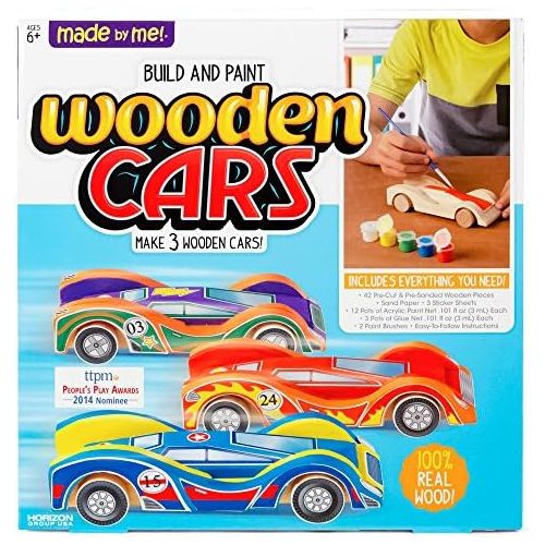  [아마존베스트]Made By Me Build & Paint Your Own Wooden Cars by Horizon Group Usa, DIY Wood Craft Kit, Easy To Assemble & Paint 3 Race Cars, Multicolored